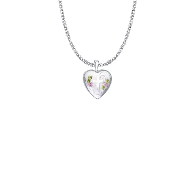 13/16 Inch Sterling Silver and Enameled Rose with Cross on Heart Locket Necklace