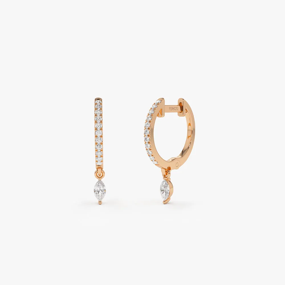 14k Diamond Huggies with a Dangling Marquise Diamond