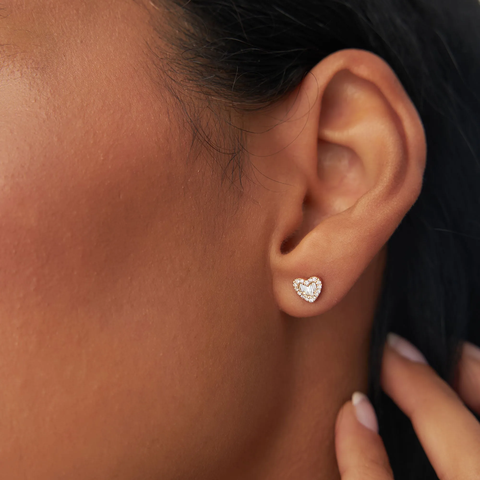 14K Gold Mini Baguette Diamond Heart Studs
