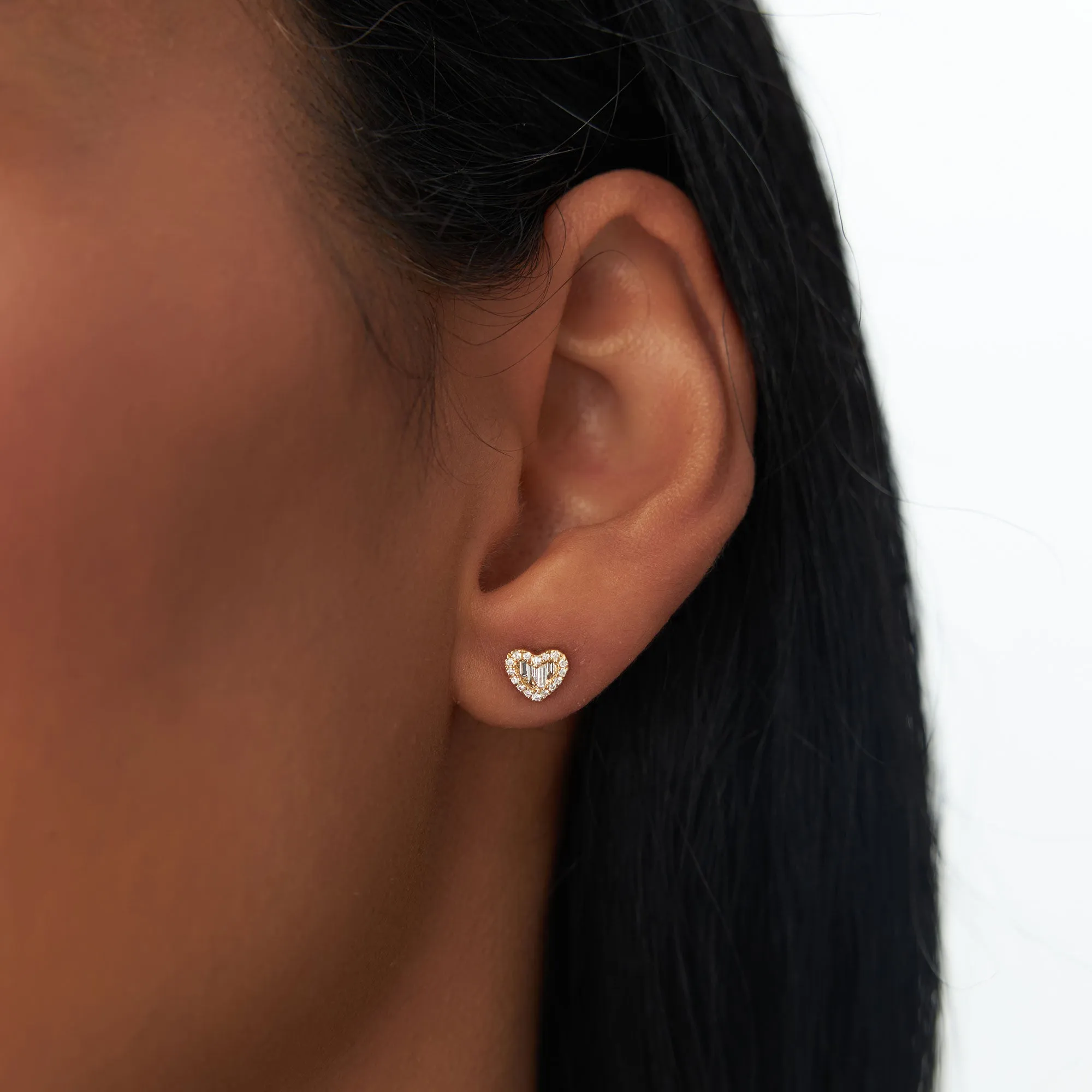 14K Gold Mini Baguette Diamond Heart Studs