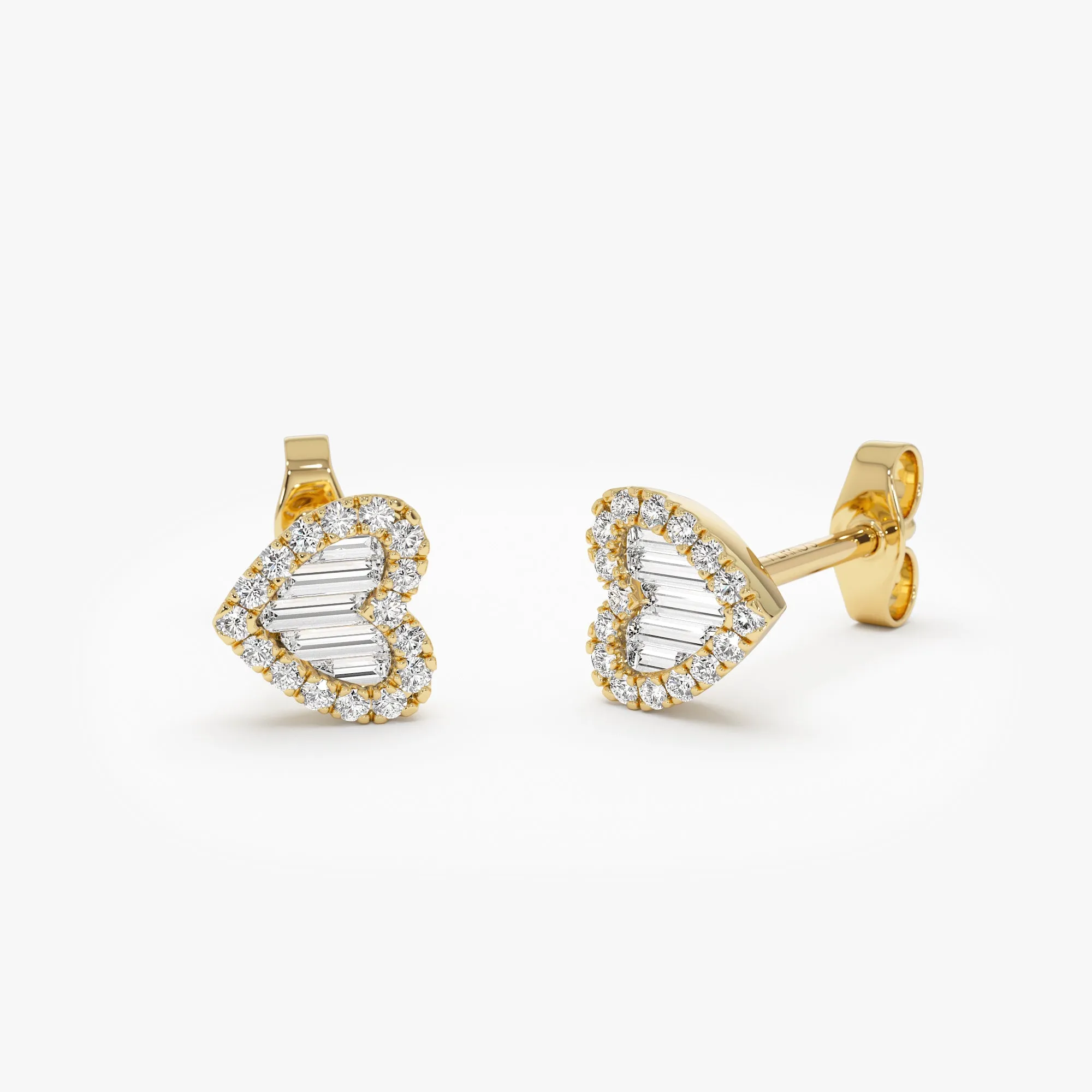 14K Gold Mini Baguette Diamond Heart Studs