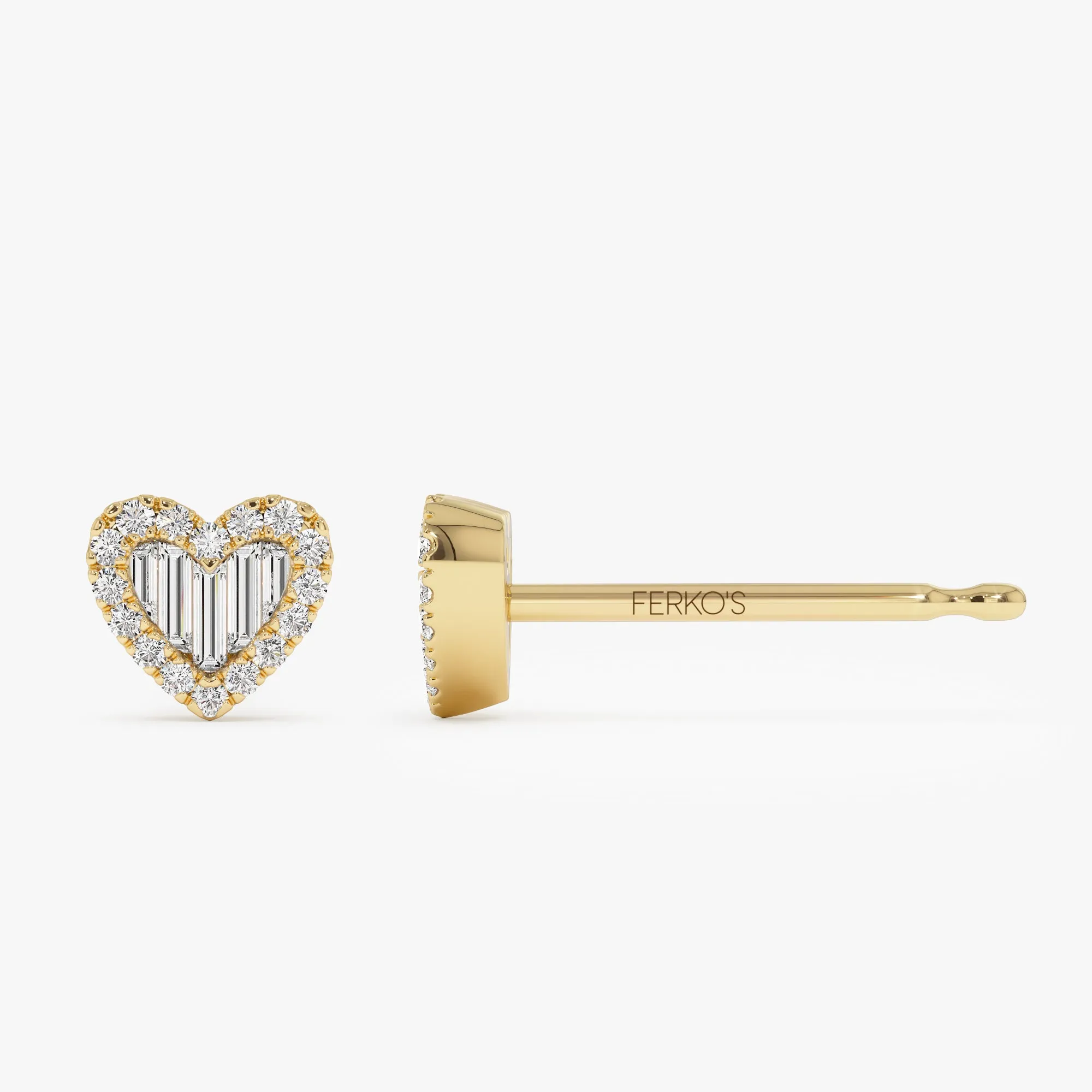 14K Gold Mini Baguette Diamond Heart Studs