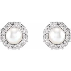 14K White Gold .07 CTW Natural Diamond Semi-Set Halo-Style Earrings for 4-4.5mm Pearl
