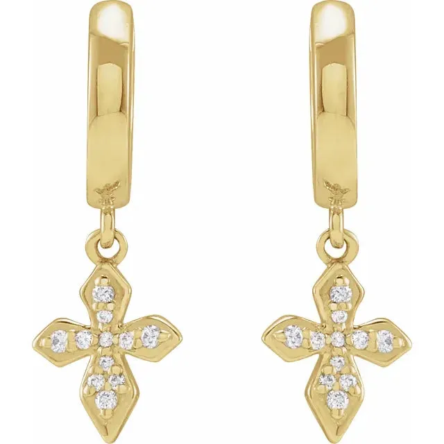 14K Yellow Gold 1/10 CTW Natural Diamond Cross Hoop Earrings