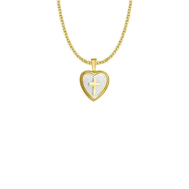 15/16 Inch 14KT Gold Plated Over Sterling Silver Cross and Mother of Pearl Heart Locket Necklace