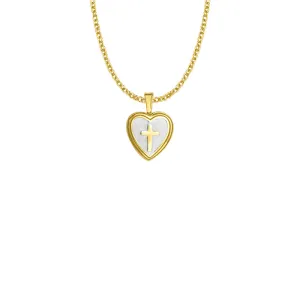 15/16 Inch 14KT Gold Plated Over Sterling Silver Cross and Mother of Pearl Heart Locket Necklace