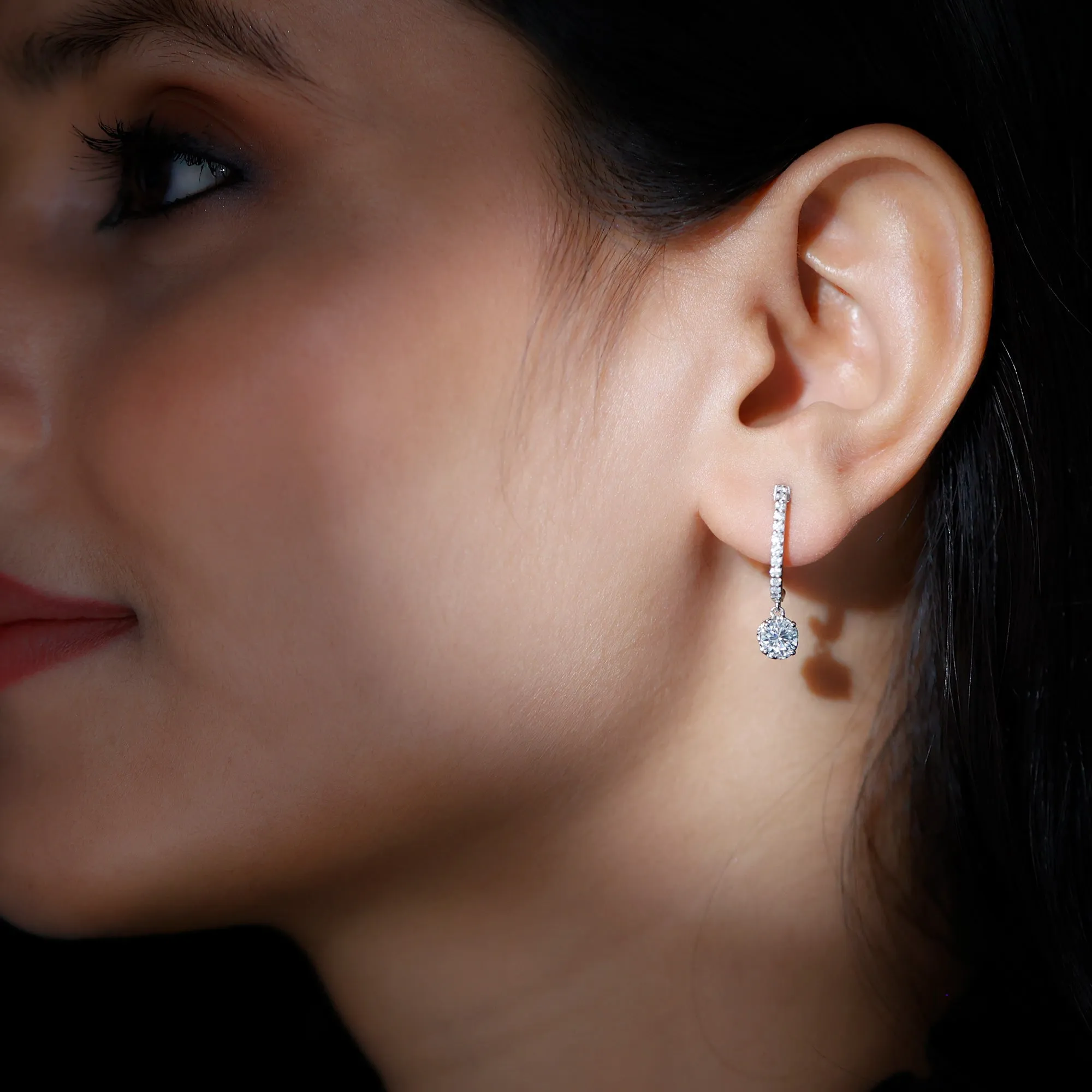 1.75 CT Moissanite and Gold Minimal Hoop Drop Earrings