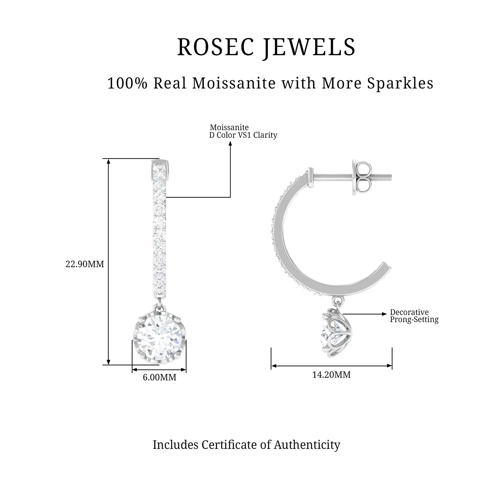 1.75 CT Moissanite and Gold Minimal Hoop Drop Earrings
