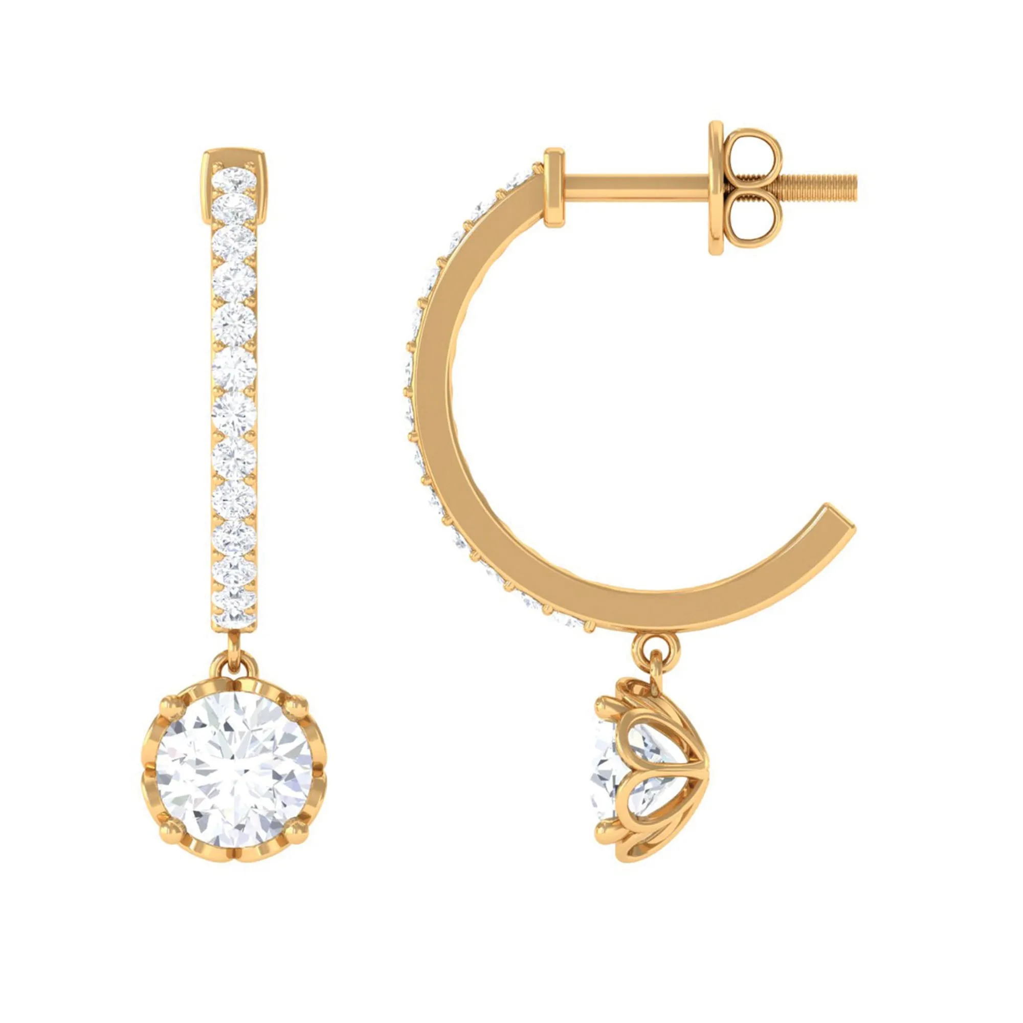 1.75 CT Moissanite and Gold Minimal Hoop Drop Earrings