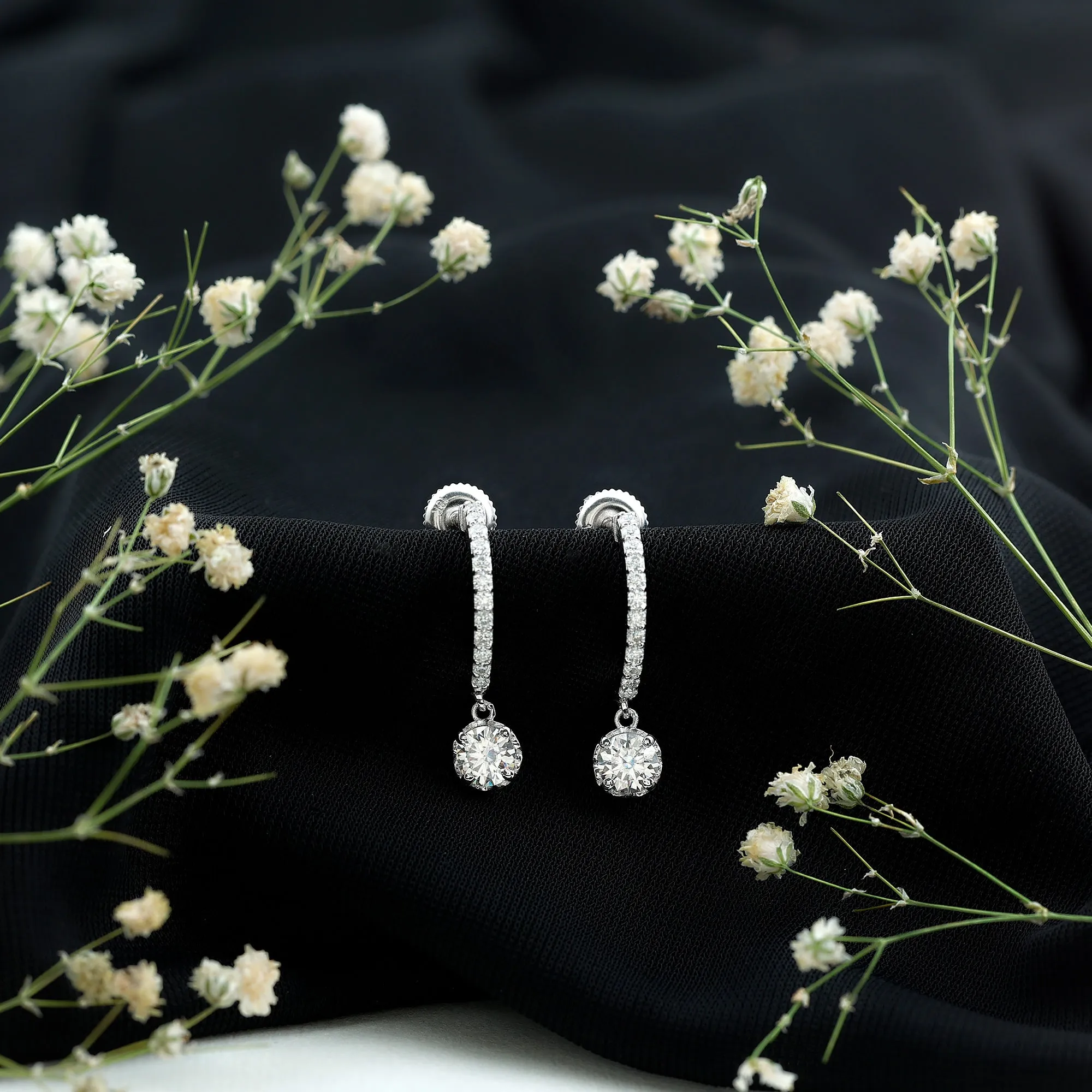 1.75 CT Moissanite and Gold Minimal Hoop Drop Earrings