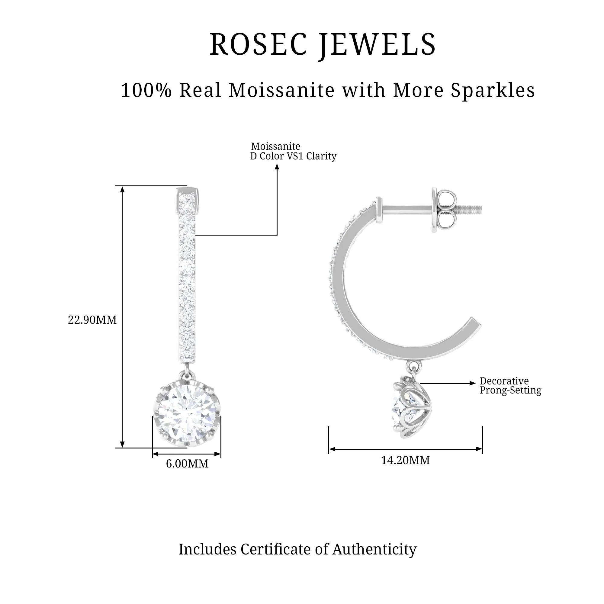 1.75 CT Moissanite and Gold Minimal Hoop Drop Earrings