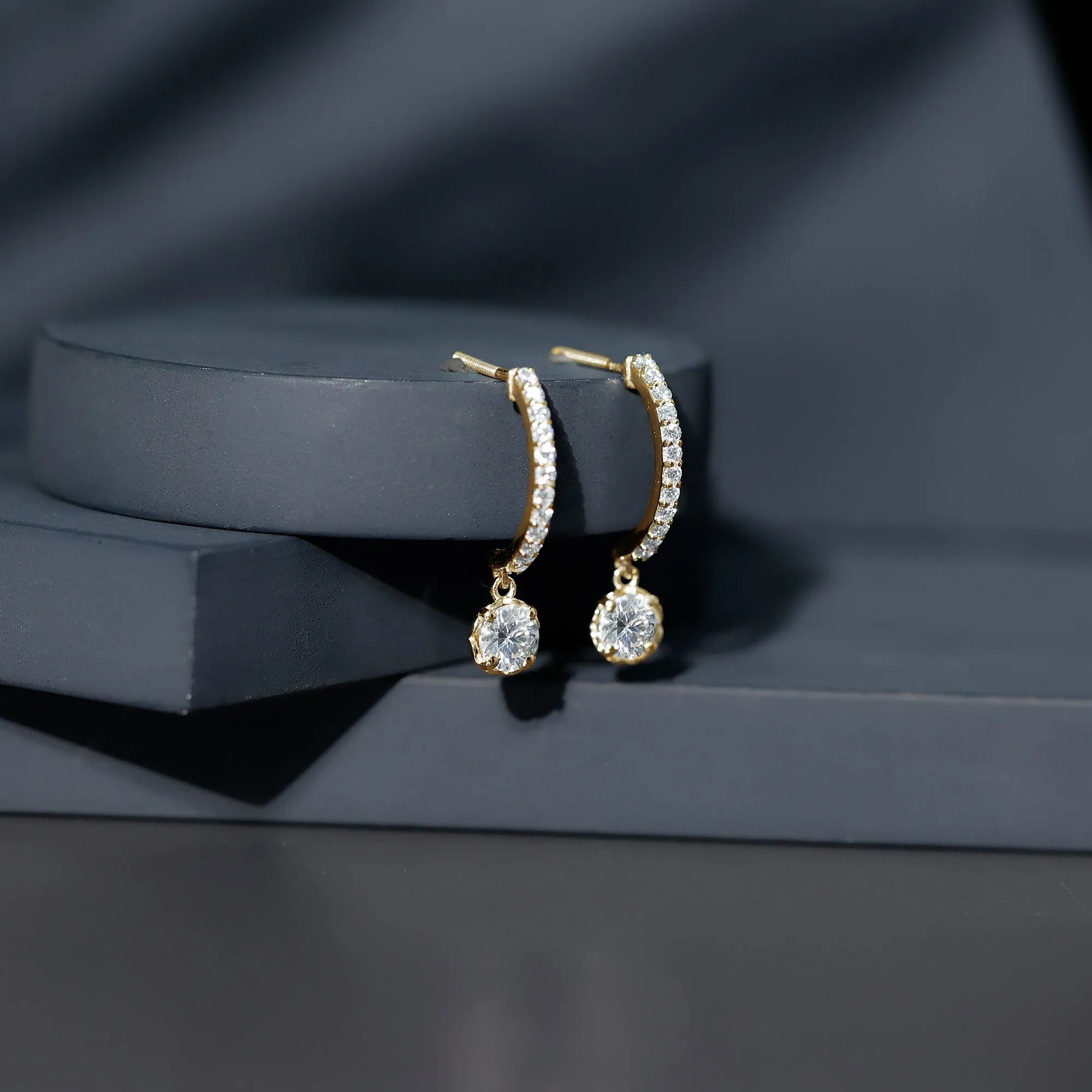 1.75 CT Moissanite and Gold Minimal Hoop Drop Earrings