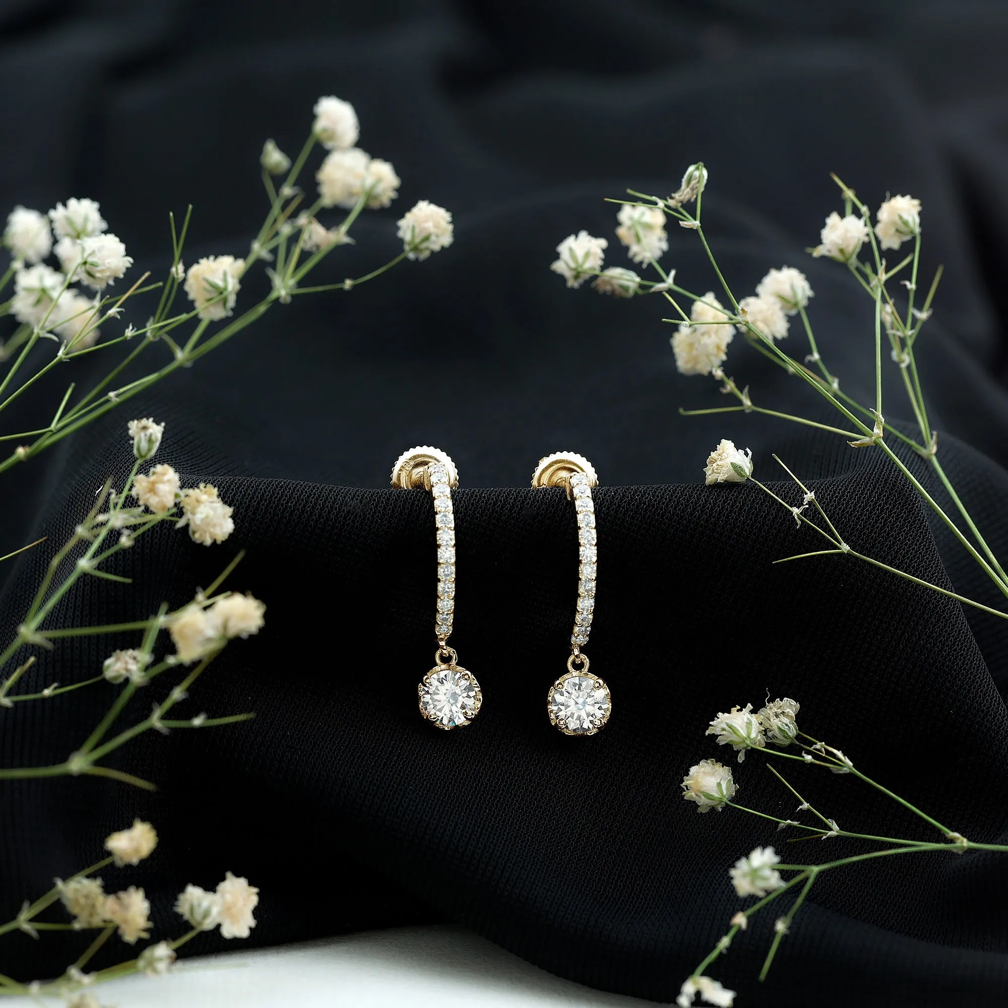 1.75 CT Moissanite and Gold Minimal Hoop Drop Earrings