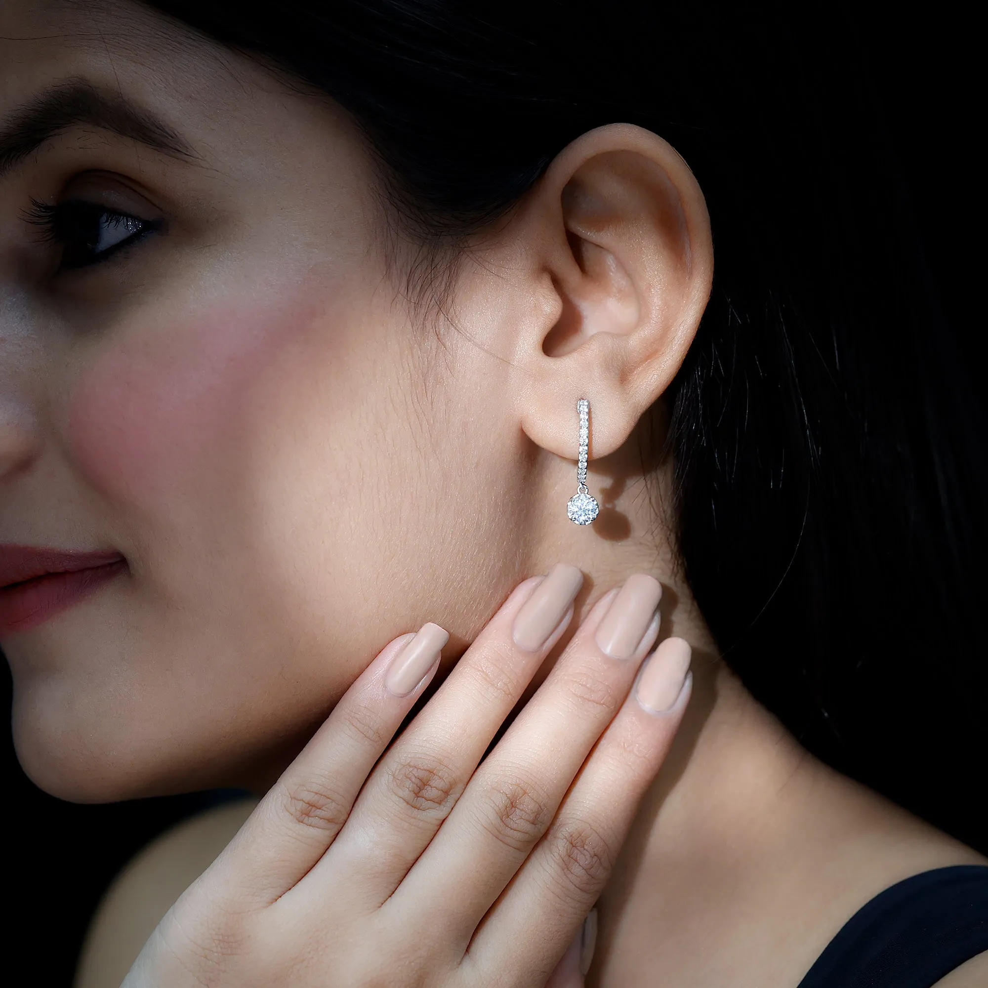 1.75 CT Moissanite and Gold Minimal Hoop Drop Earrings