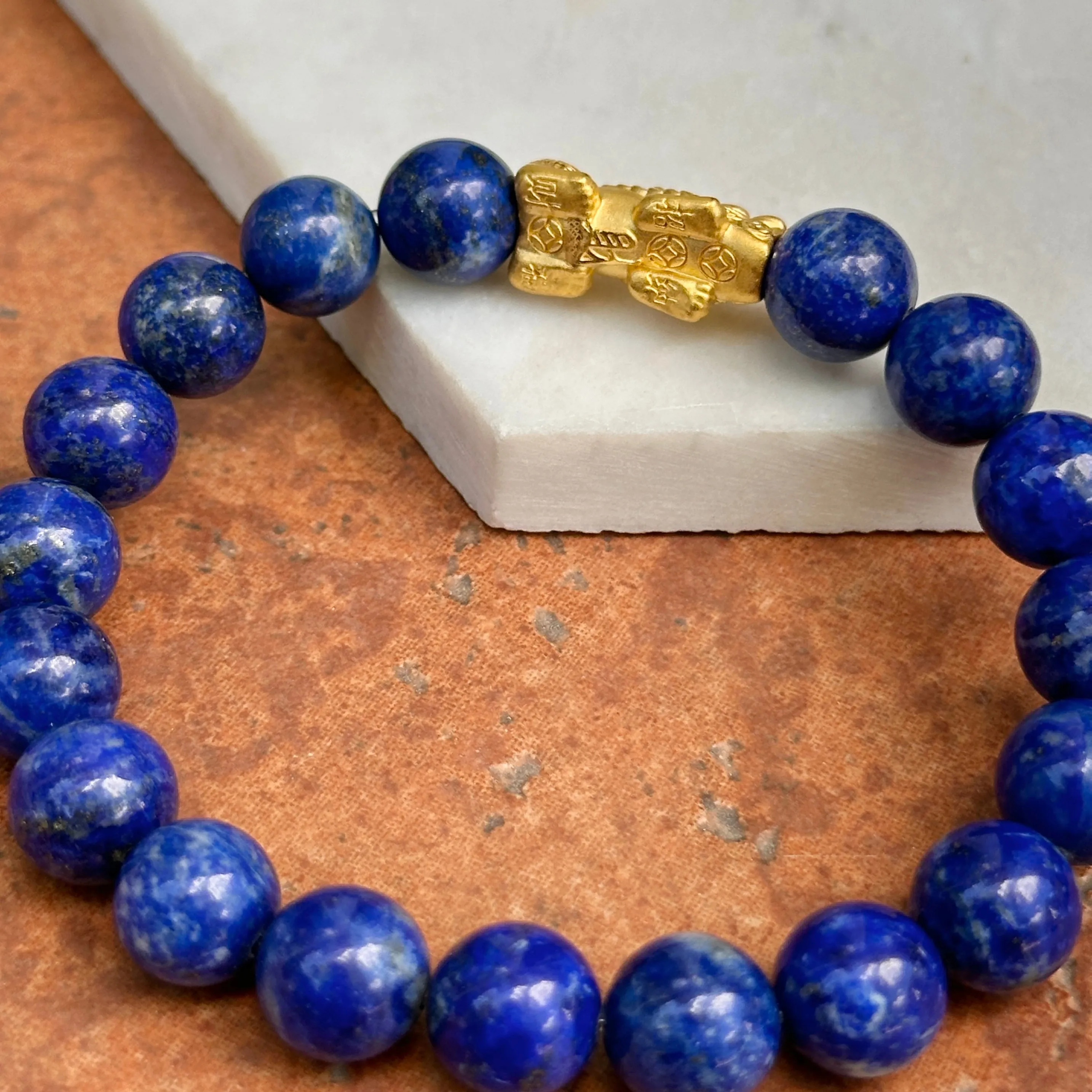24KT Yellow Gold Dragon   Blue Lapis Lazuli Beaded Ball Bangle Bracelet