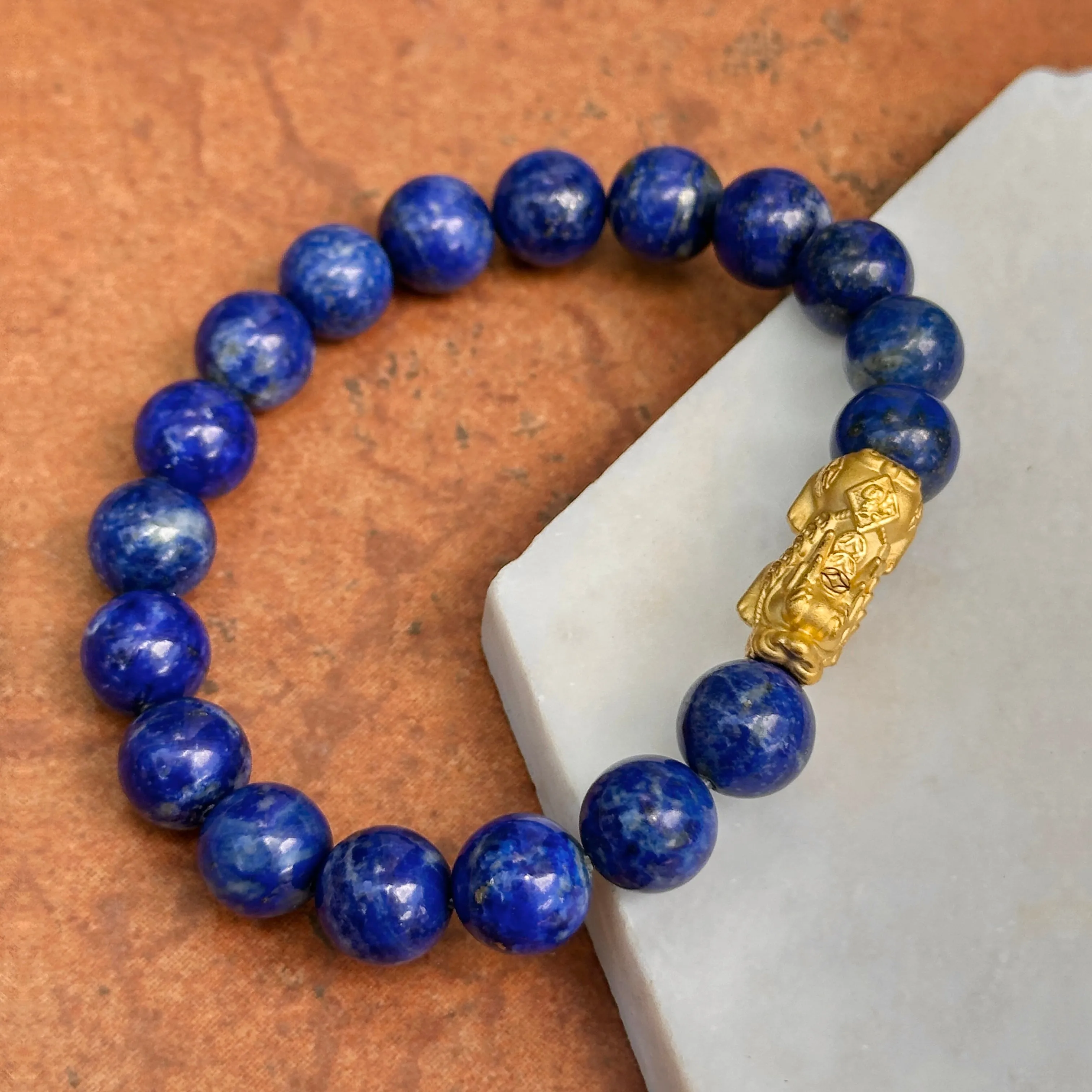 24KT Yellow Gold Dragon   Blue Lapis Lazuli Beaded Ball Bangle Bracelet