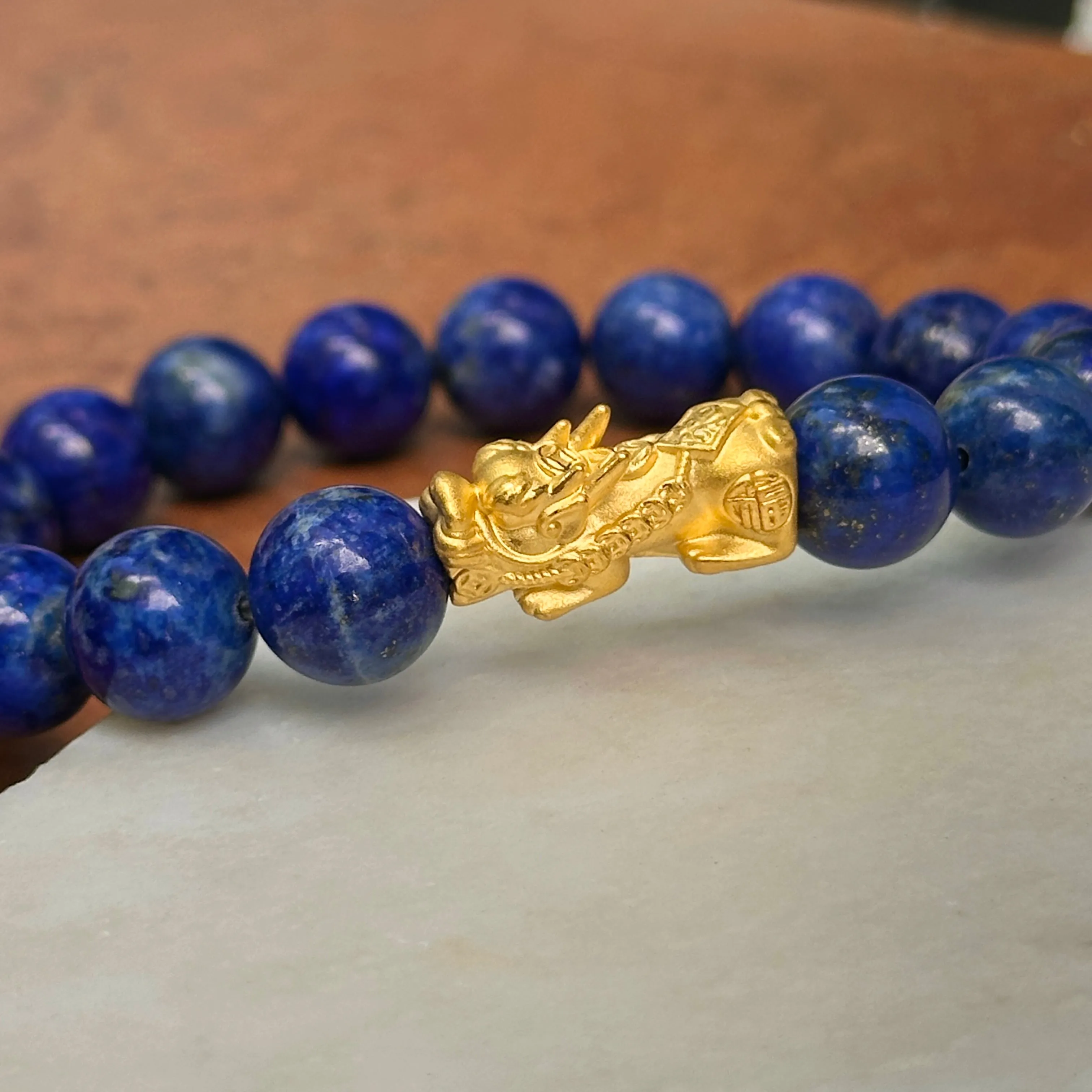 24KT Yellow Gold Dragon   Blue Lapis Lazuli Beaded Ball Bangle Bracelet
