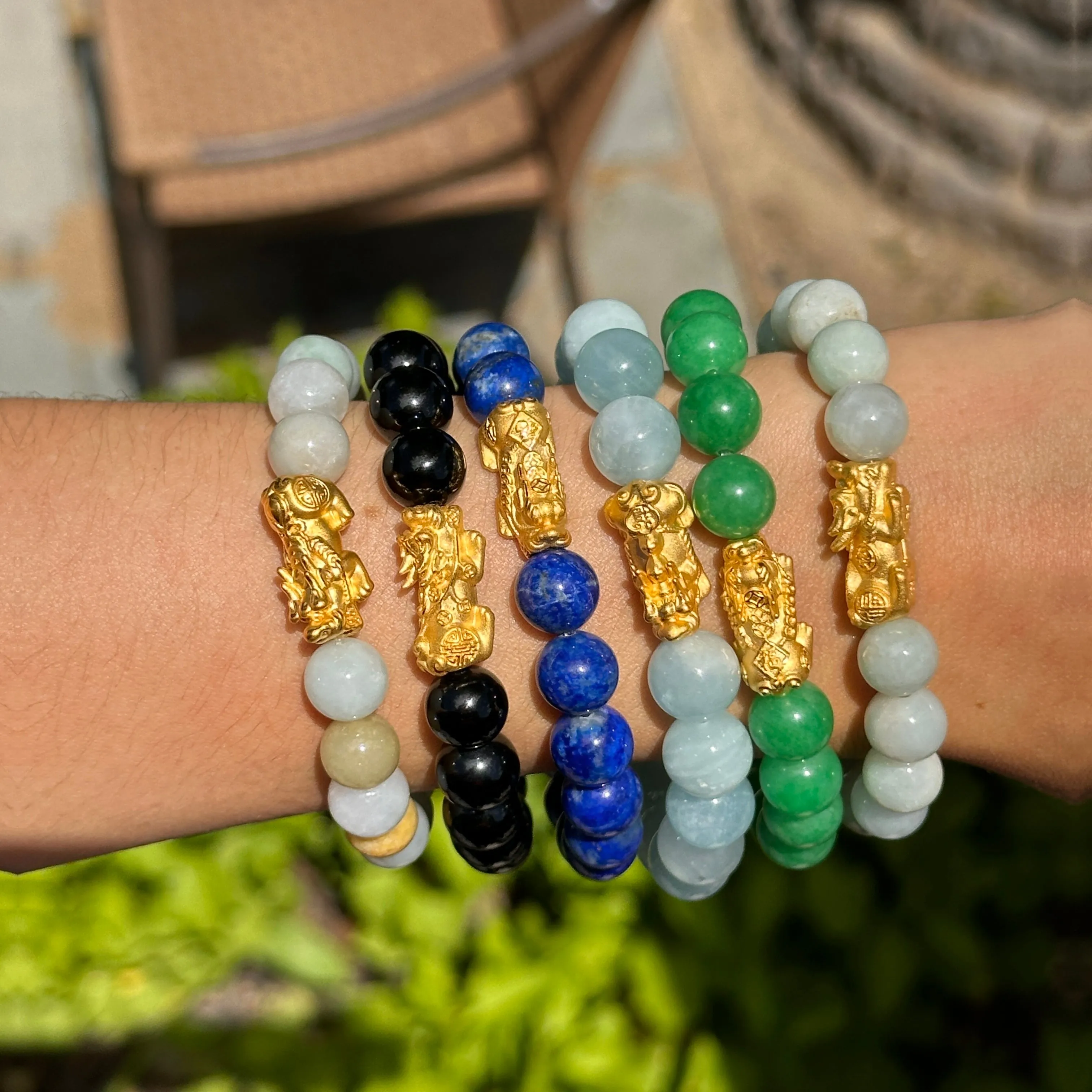 24KT Yellow Gold Dragon   Blue Lapis Lazuli Beaded Ball Bangle Bracelet