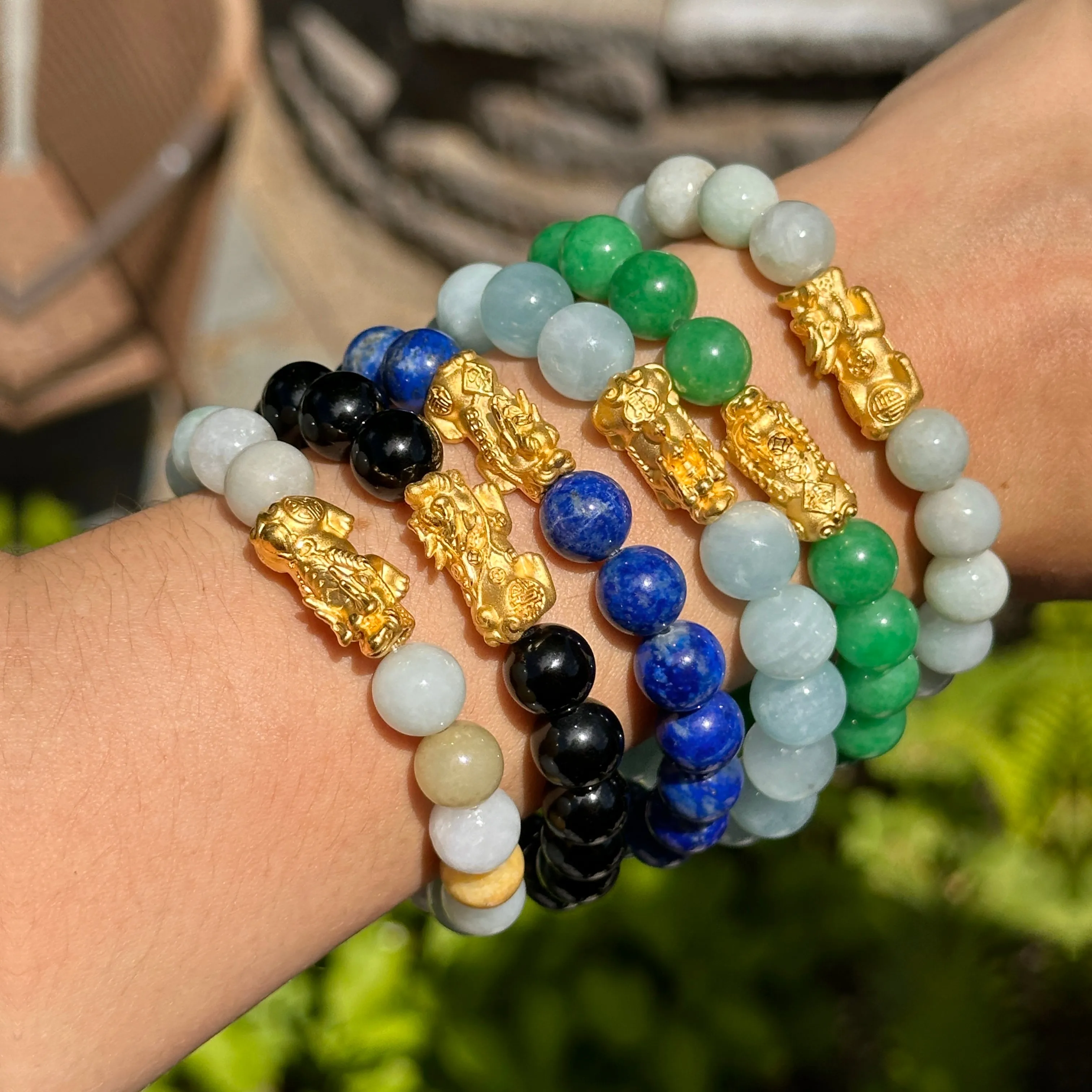 24KT Yellow Gold Dragon   Blue Lapis Lazuli Beaded Ball Bangle Bracelet