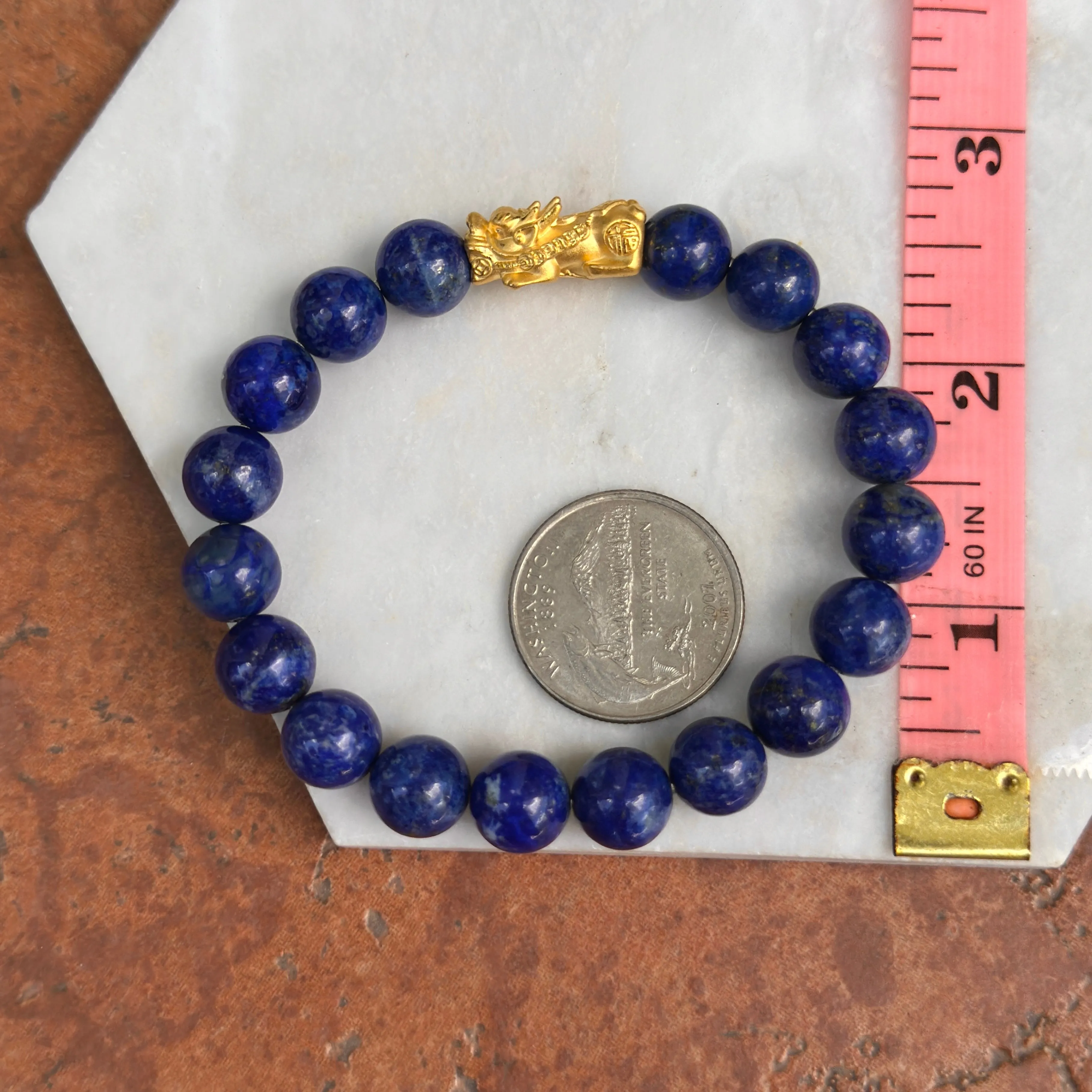 24KT Yellow Gold Dragon   Blue Lapis Lazuli Beaded Ball Bangle Bracelet