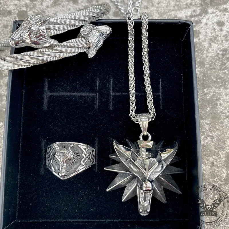 3 Pcs Norse Wolf Head Stainless Steel Jewelry Set