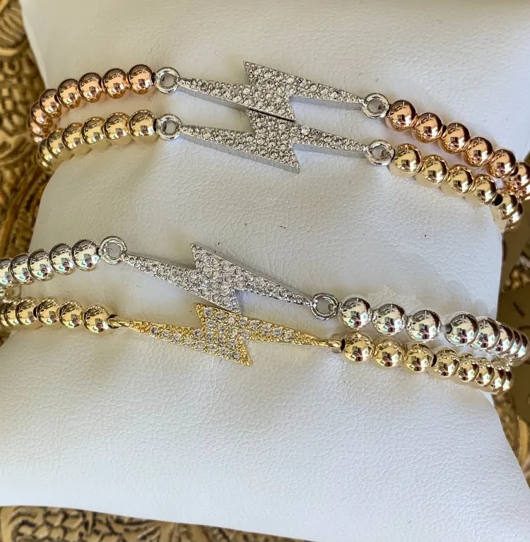 4mm Bead Stretch Bracelet with Cubic Zirconia Lightning Bolt Connector