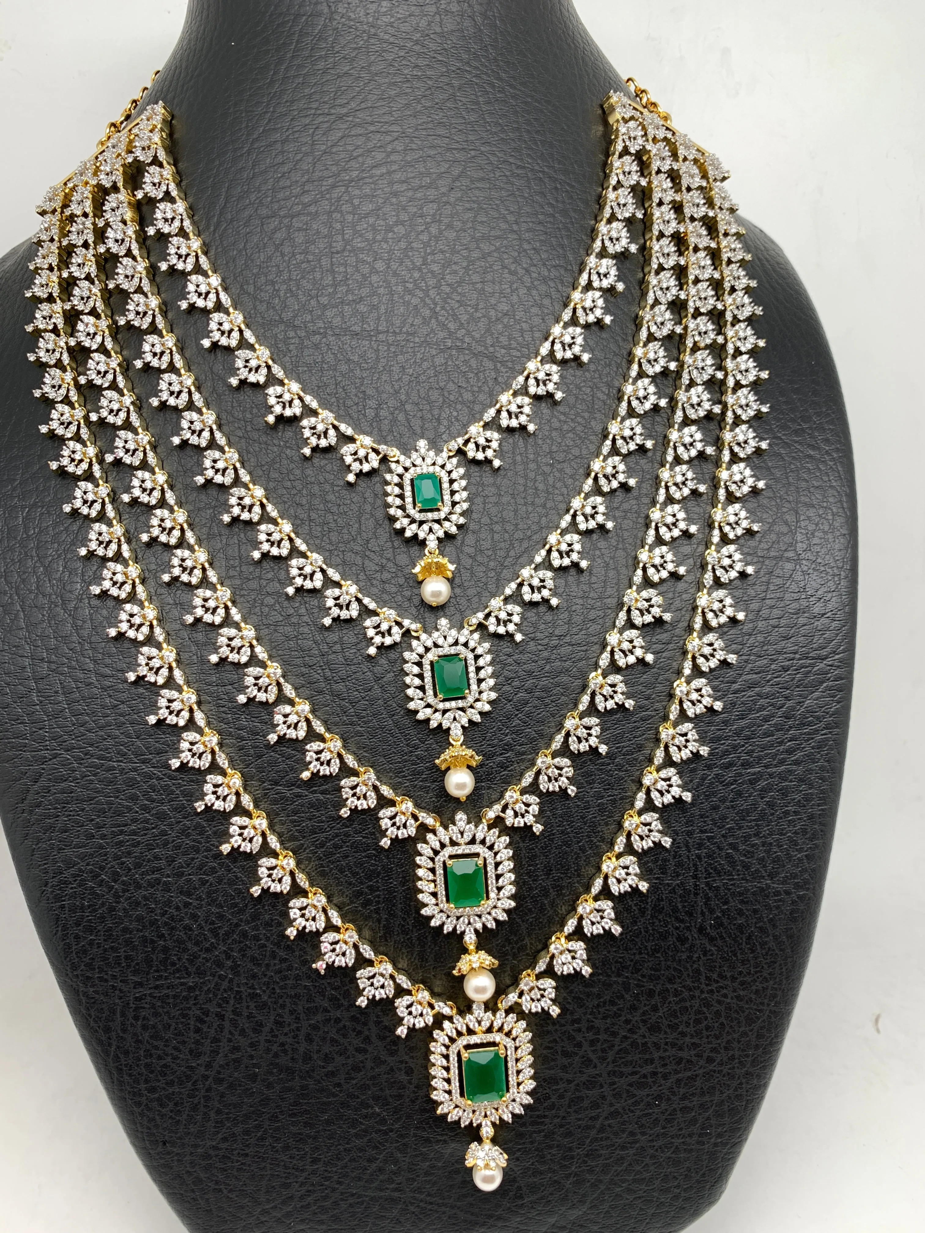 AD Emerald Green Stone Multi Layer Char Lada Long Necklace