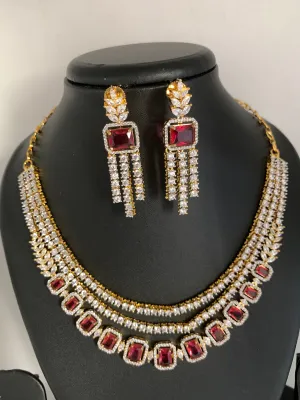 AD Wine Red Stone Multi Layer Short Necklace
