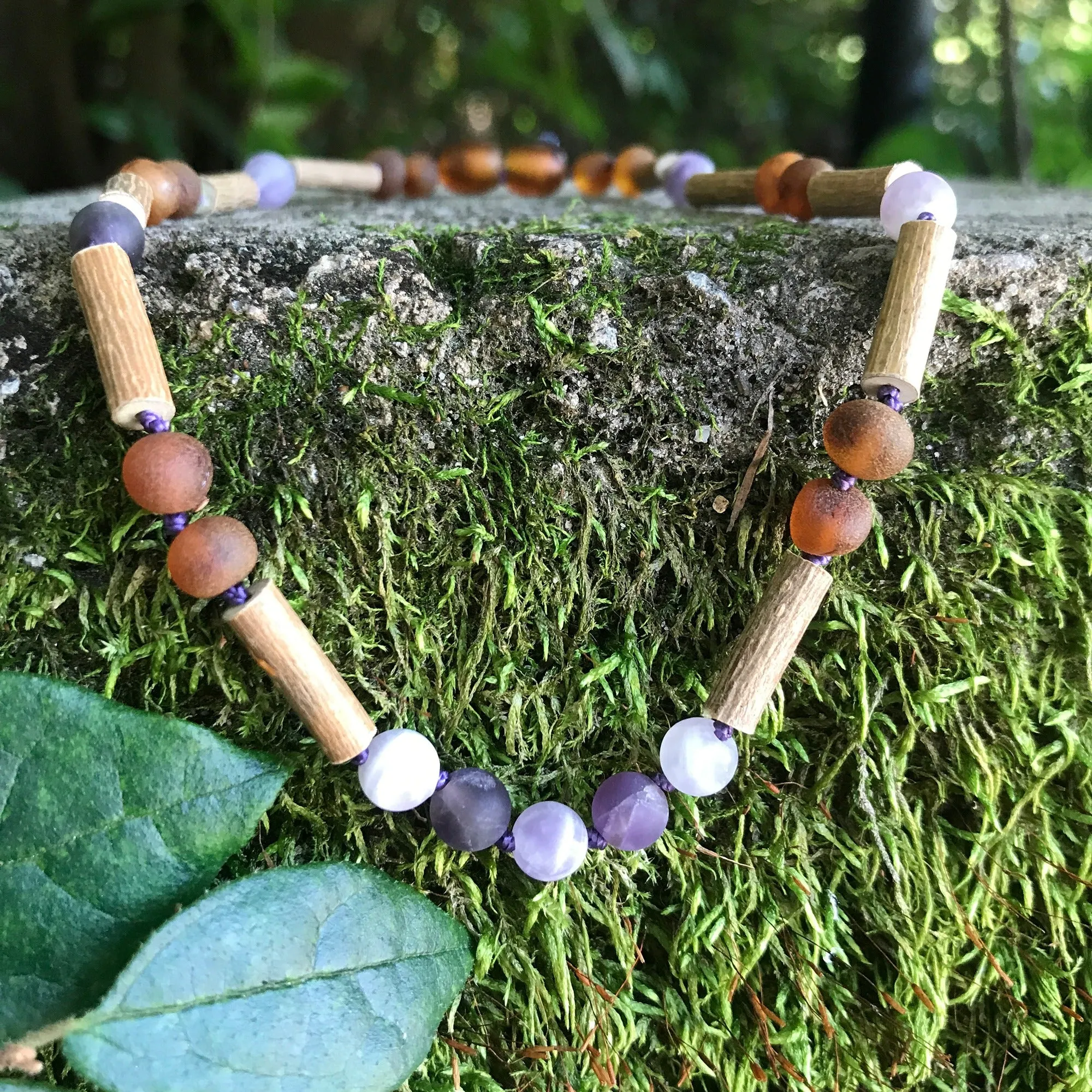 Adults | Amethyst   Raw Cognac Amber Hazelwood Necklace