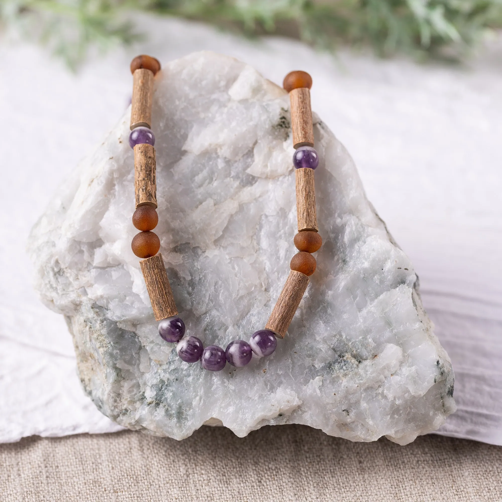 Adults | Amethyst   Raw Cognac Amber Hazelwood Necklace