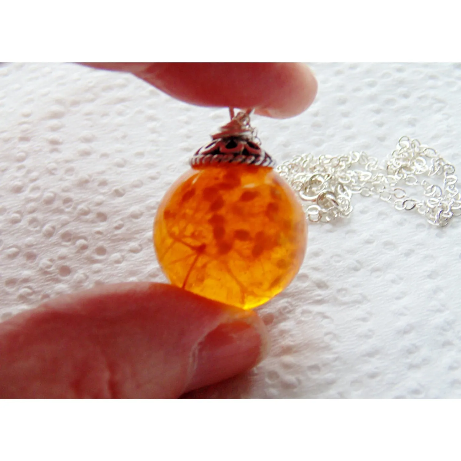 Amber Resin Flower Orb Necklace, Globe Pendant, Eco Friendly, Orange Resin Necklace, Jewelry for Women, Handmade Jewellery