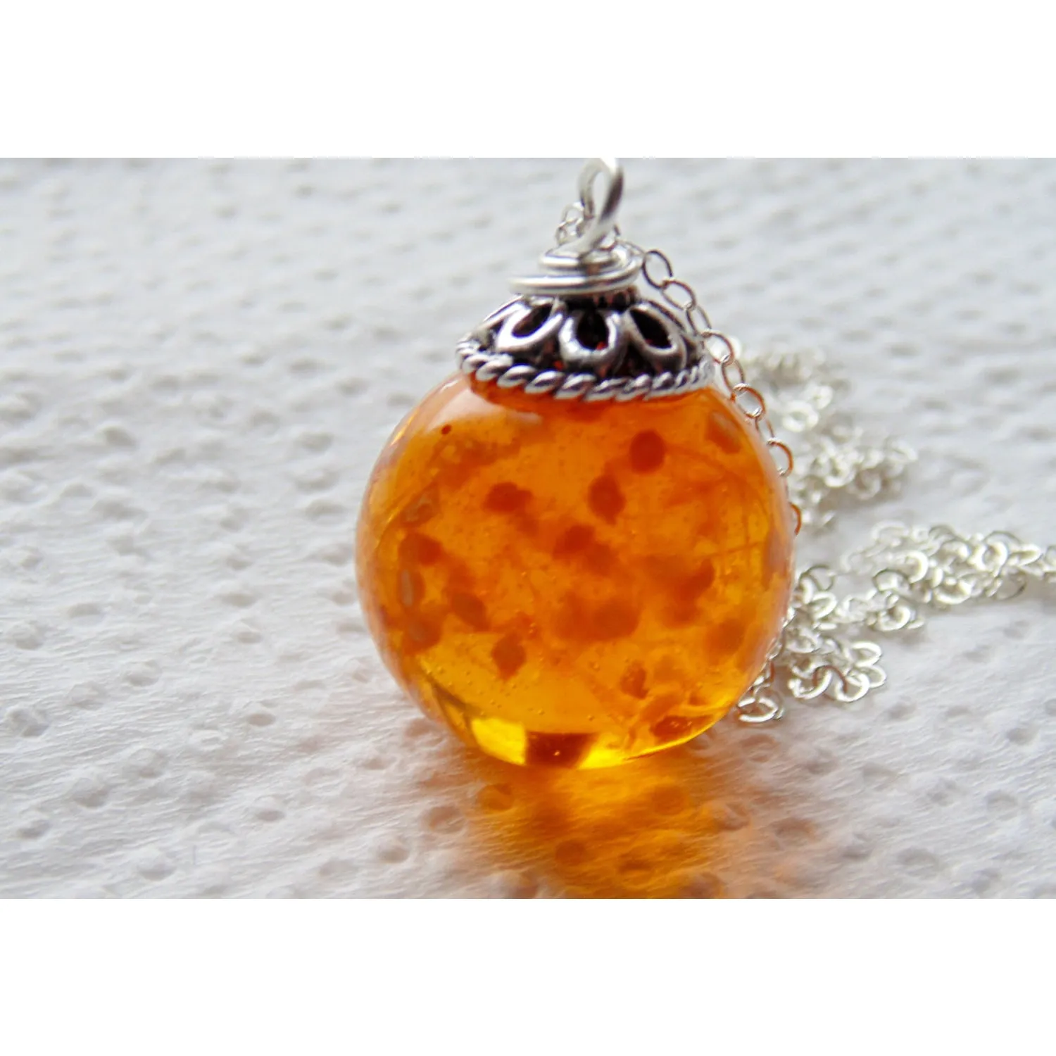 Amber Resin Flower Orb Necklace, Globe Pendant, Eco Friendly, Orange Resin Necklace, Jewelry for Women, Handmade Jewellery