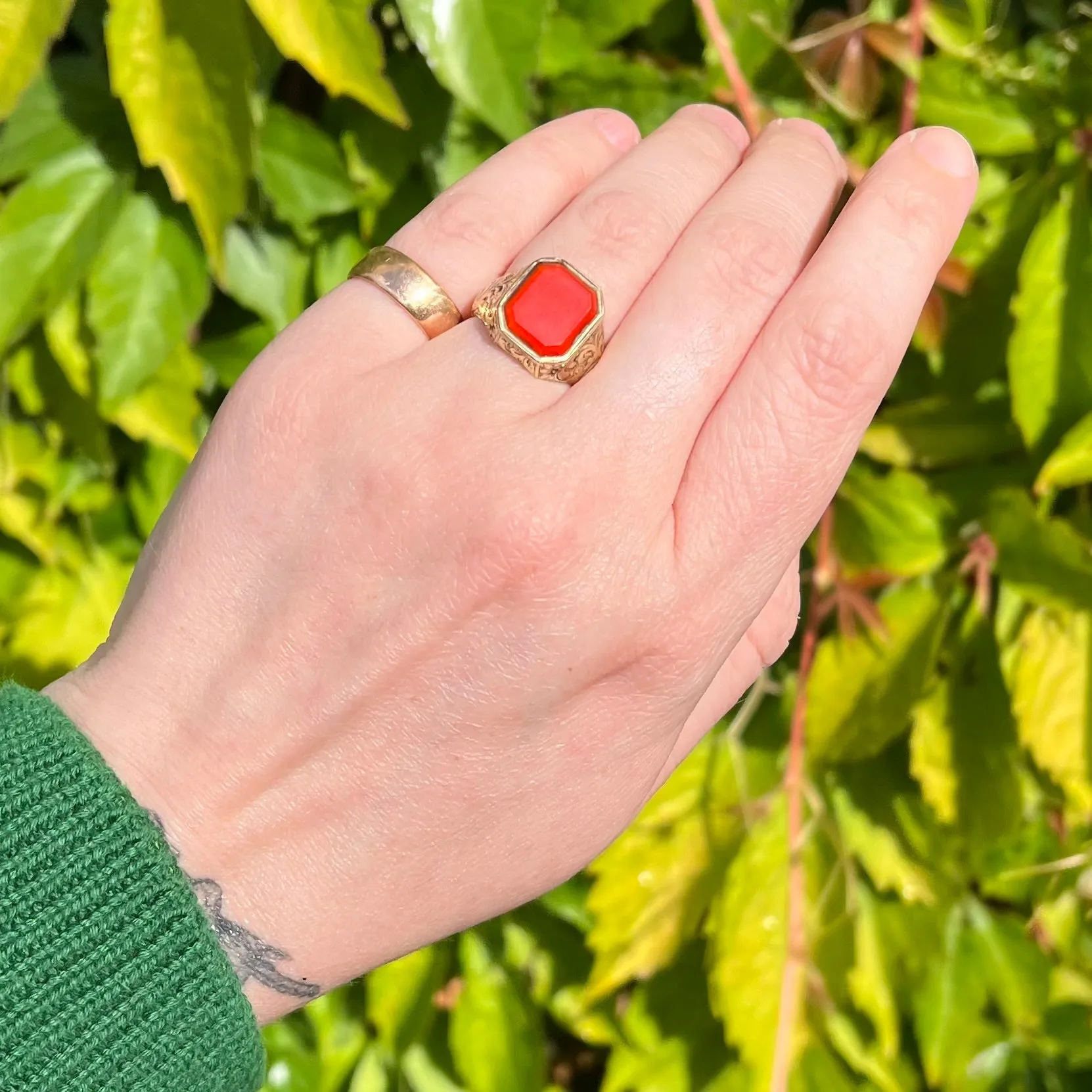 Antique Victorian 14k Gold Engraved Locket Carnelian Ring