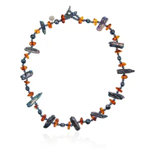 Black Freshwater Pearl & Amber Asymmetric Necklace