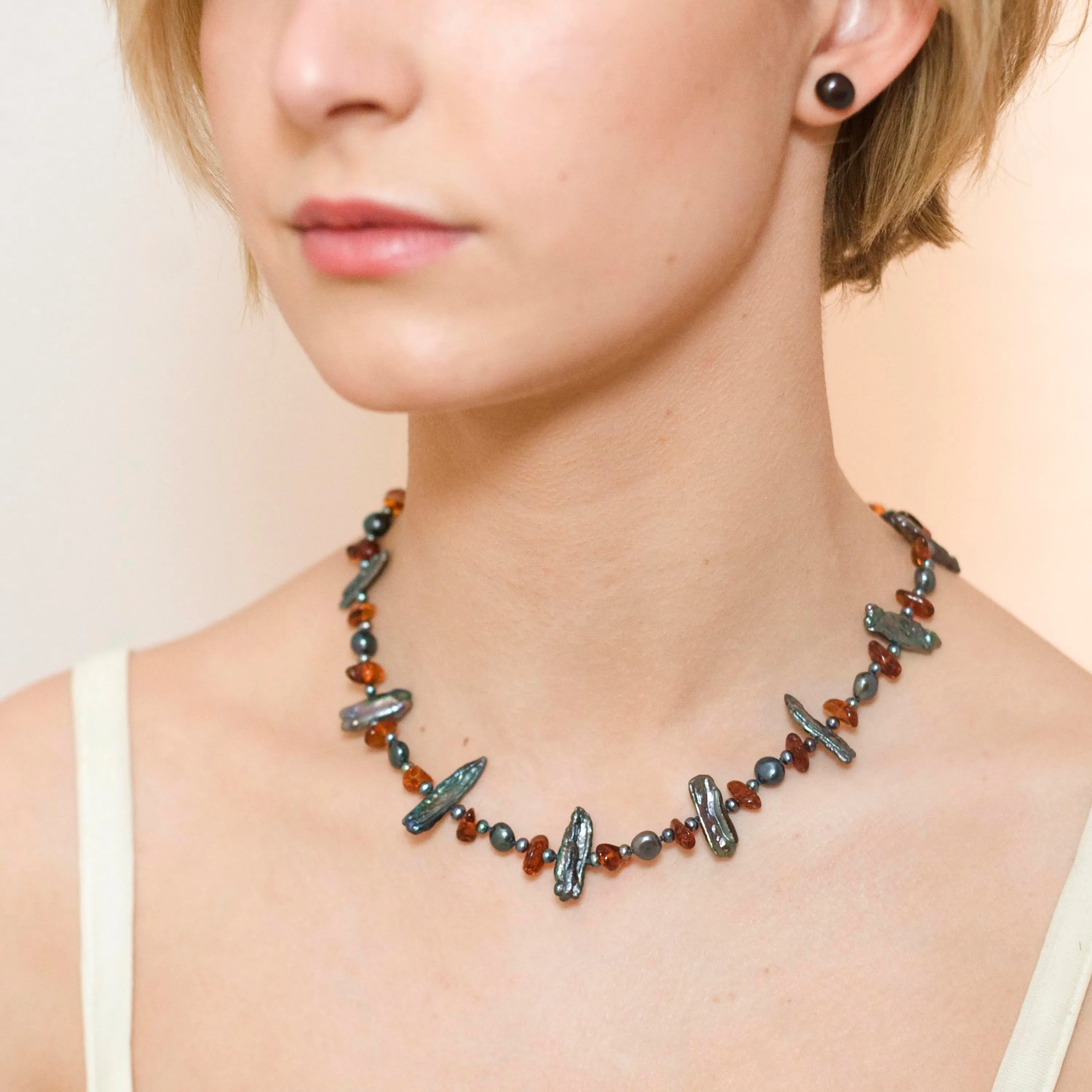 Black Freshwater Pearl & Amber Asymmetric Necklace