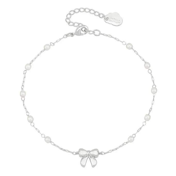 Bow With Pearl Beaded Chain Bracelet - Silver