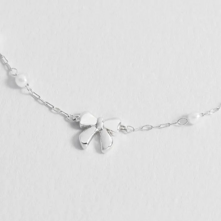 Bow With Pearl Beaded Chain Bracelet - Silver