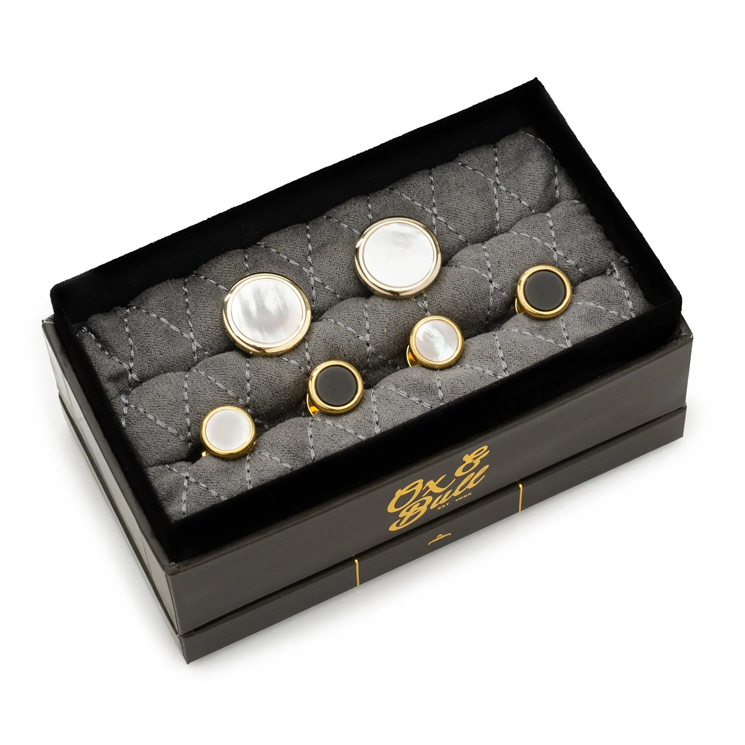 Double Sided Gold Mother of Pearl Round Beveled Stud Set