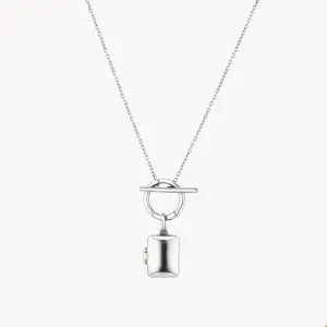 Engravable Rectangle Locket Fob Chain Necklace in Silver