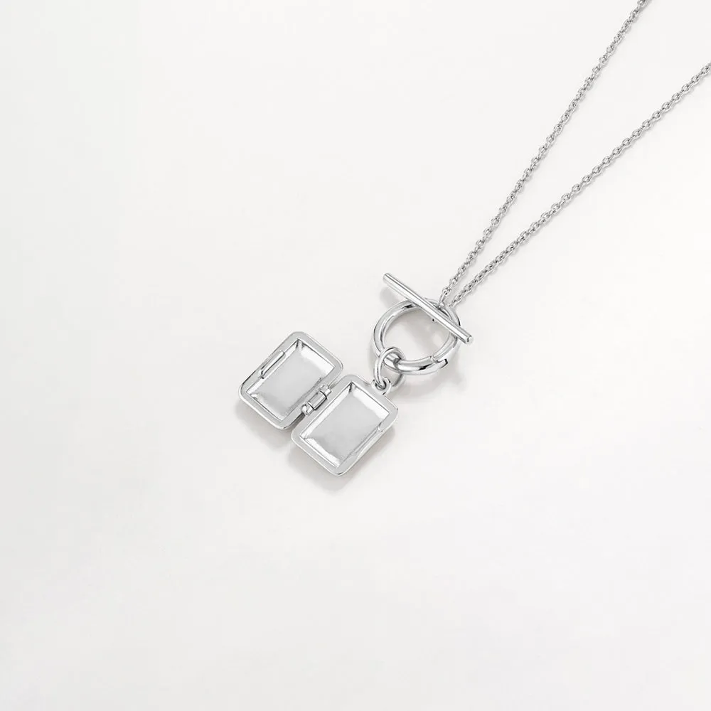 Engravable Rectangle Locket Fob Chain Necklace in Silver