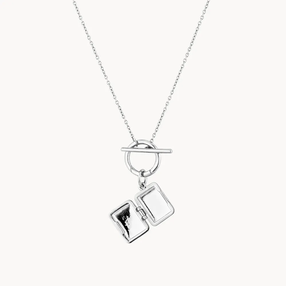 Engravable Rectangle Locket Fob Chain Necklace in Silver