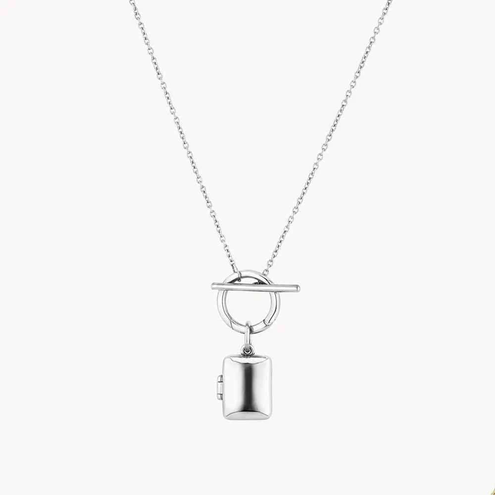 Engravable Rectangle Locket Fob Chain Necklace in Silver