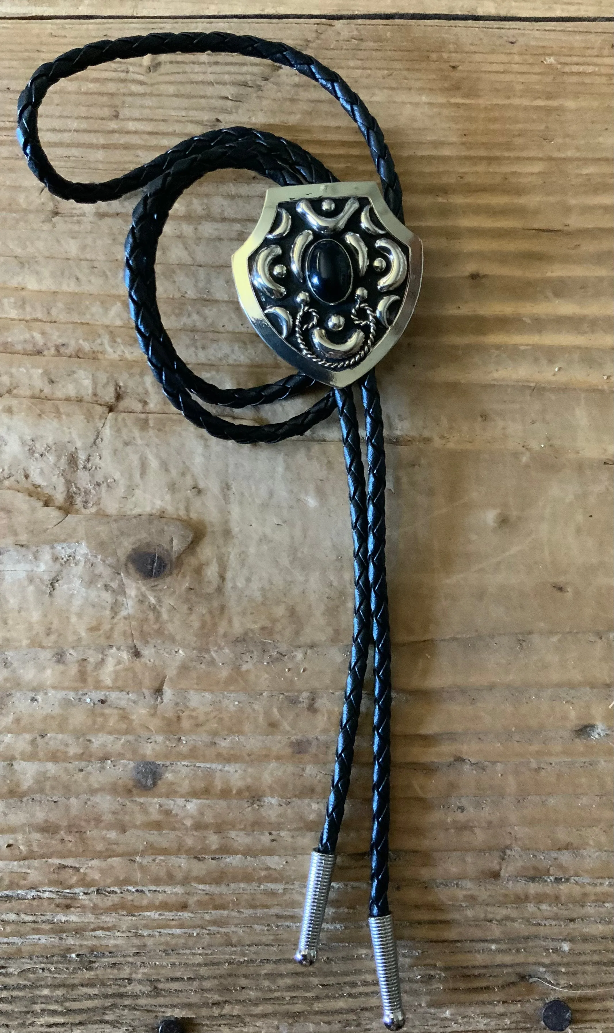 Engraved Silver Tone Black Stone Bolo Tie