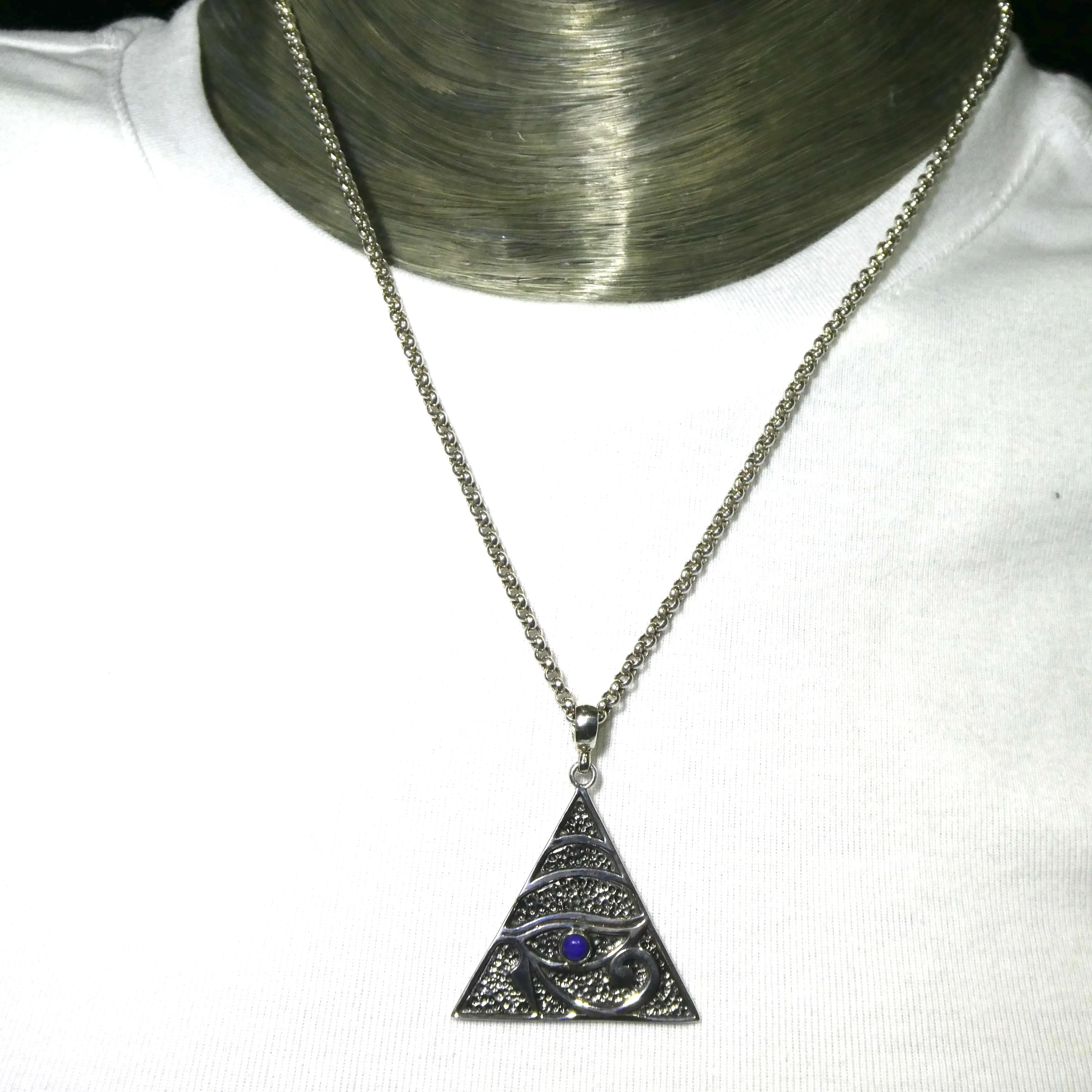 Eye of Horus Pendant, Embossed Triangle with Amazonite, 925 Sterling Silver