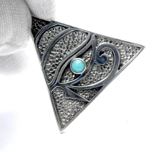 Eye of Horus Pendant, Embossed Triangle with Amazonite, 925 Sterling Silver