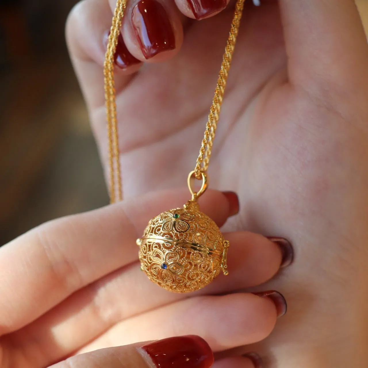 Flower Ball Locket Necklace (Solid Silver)