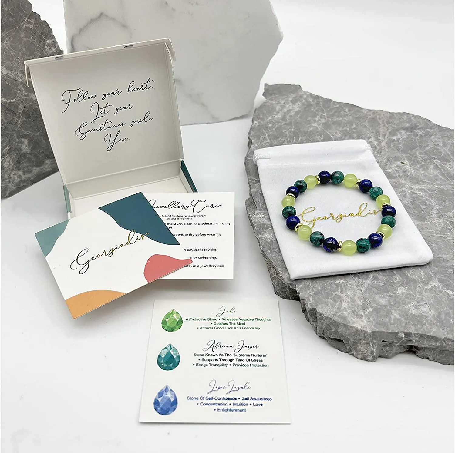 Georgiadis Beautiful Stretchy Bracelet with 8mm Lapis Lazuli, African Jasper, Light Green Jade Gemstones with 18k Real Gold-Plated Spacers. For Women a Loving Gift