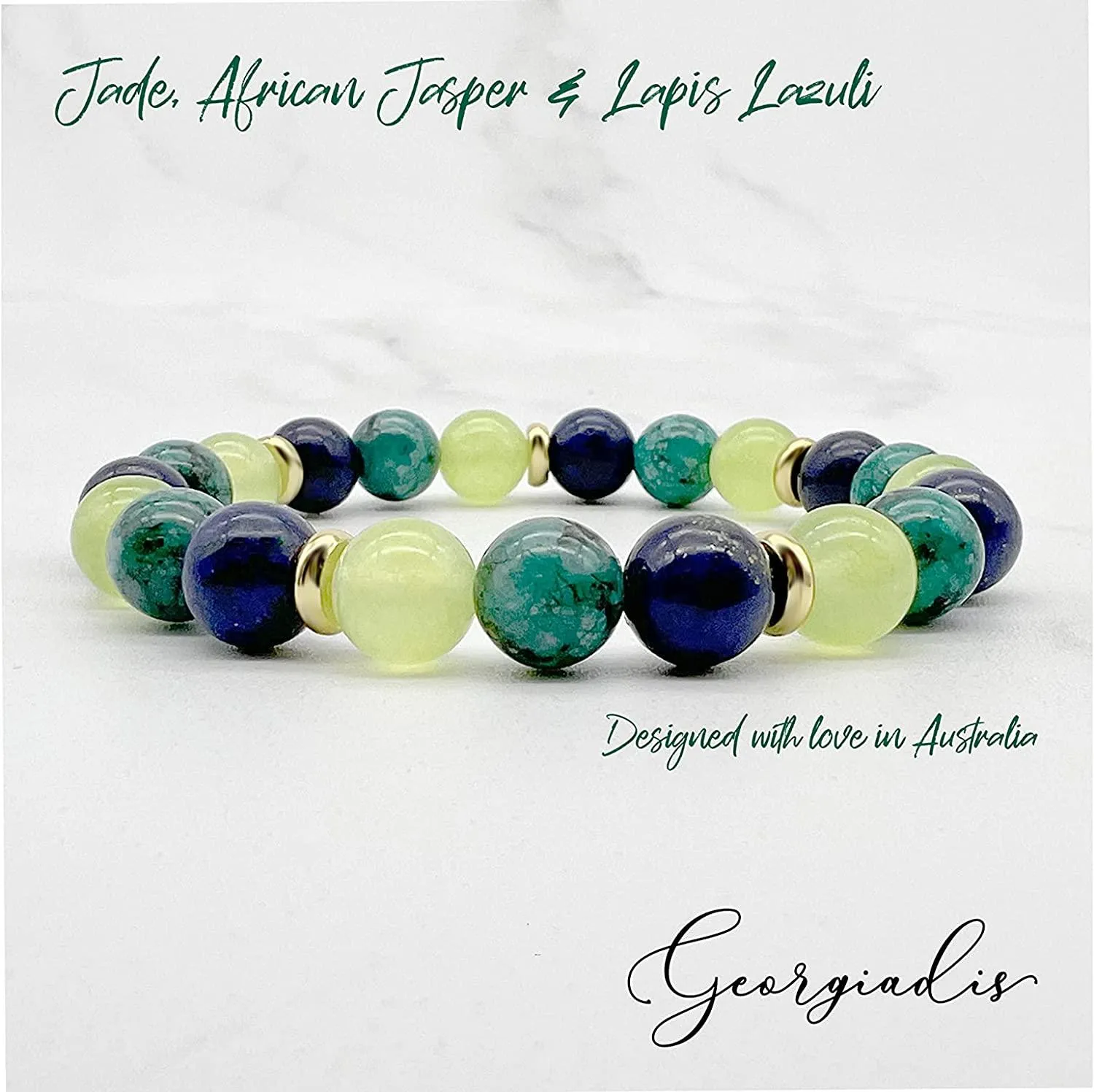 Georgiadis Beautiful Stretchy Bracelet with 8mm Lapis Lazuli, African Jasper, Light Green Jade Gemstones with 18k Real Gold-Plated Spacers. For Women a Loving Gift