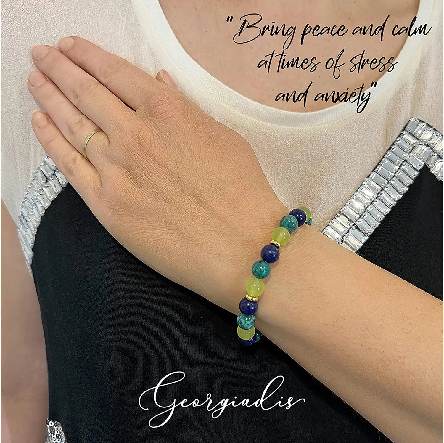 Georgiadis Beautiful Stretchy Bracelet with 8mm Lapis Lazuli, African Jasper, Light Green Jade Gemstones with 18k Real Gold-Plated Spacers. For Women a Loving Gift