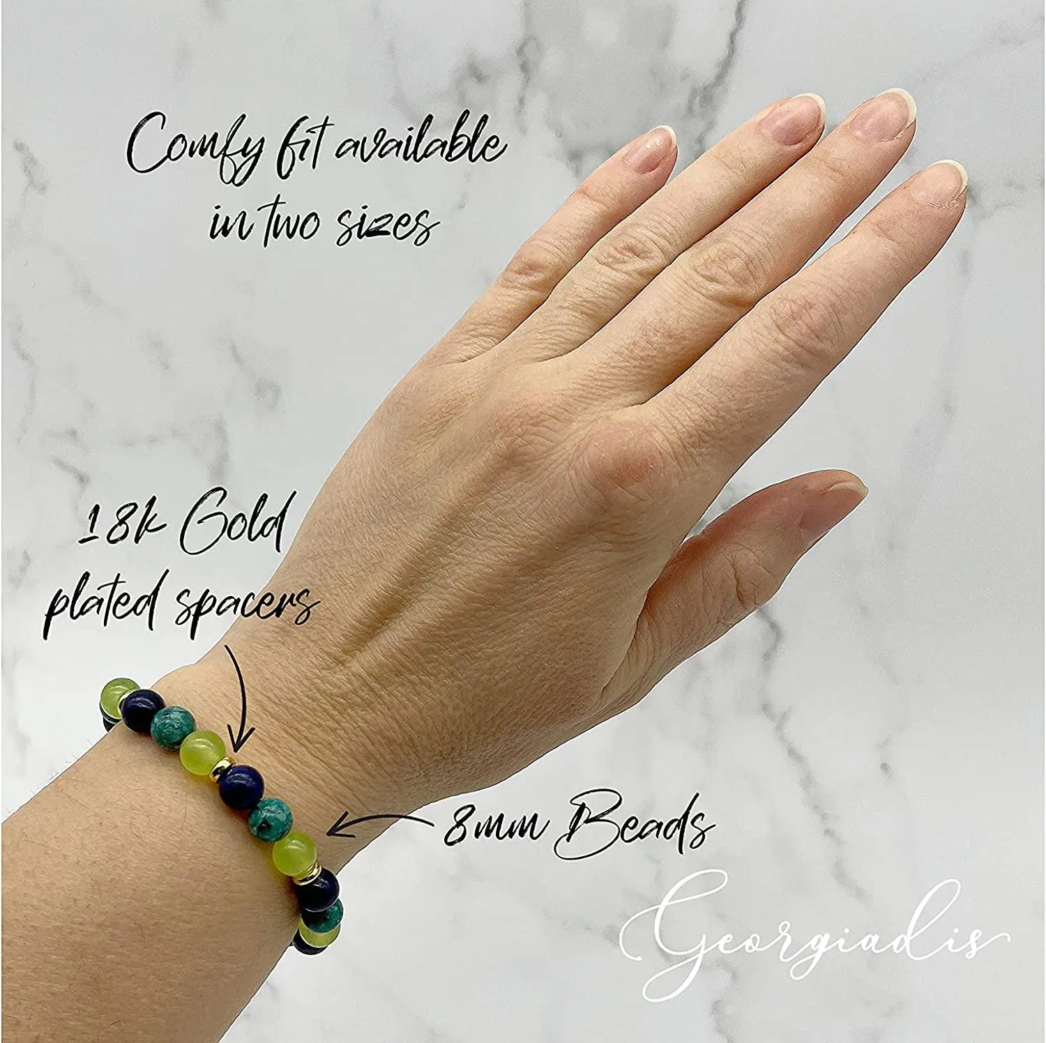 Georgiadis Beautiful Stretchy Bracelet with 8mm Lapis Lazuli, African Jasper, Light Green Jade Gemstones with 18k Real Gold-Plated Spacers. For Women a Loving Gift
